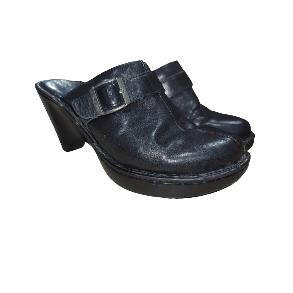 Born Women's Size 8 Emme Mule Split Toe Black Leather Heel Clog Slide Shoes